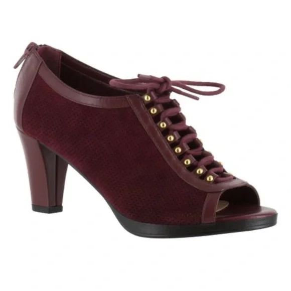 Bella Vita Burgundy Suede Peep toe,lace up,chunky heel,zipper closure,7 1/2, - Picture 1 of 16